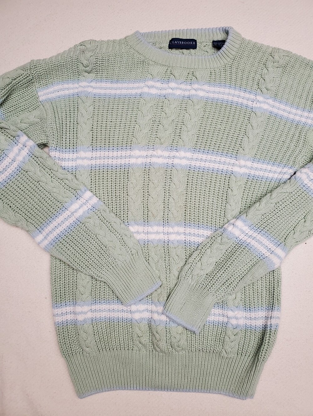Claybrooke Sage Green Blue Striped Cable Knit Sweater Sz M Cotton